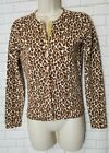 A Women Small Ivory Brown Cheetah Animal Cat Button Up Long Sleeve Crew Sweater