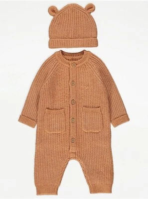 EX STORE GEORGE BABY KNITTED ROMPER AND MATCHING HAT OUTFIT