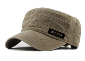 Military Hat Short Brim Flat Top Army Cadet Washed Distressed Tan Khaki Cap - Picture 1 of 3