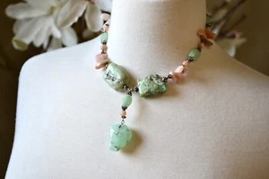 Beautiful Chrysoprase And Pink Opal Necklace With Sterling Silver Clasp. 16” - Picture 1 of 5