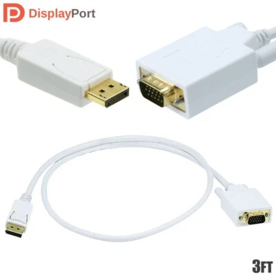 3FT DisplayPort PD to VGA Monitor Video Cable Shielded Gold Plated 28AWG White - Image 1 of 4