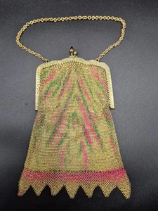 Art Deco 1920's Flapper Painted Gilt Metal Mesh Purse - Picture 1 of 11
