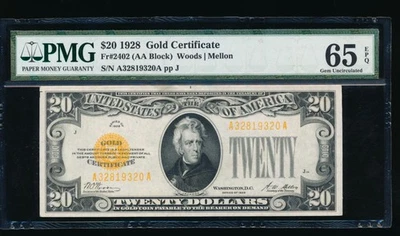 AC Fr 2402 1928 $20 Gold Certificate PMG 65 EPQ gem uncirculated - Image 1 of 2