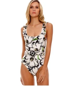 Agua Bendita Nicolette Giard 1 Pc Reversible? Swimsuit L Floral Striped Belted - Picture 1 of 24