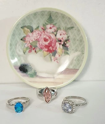 Lote de anéis tamanho 7 azul/rosa cristal tom prata coquetel com bugigangas florais - Imagem 1 de 4