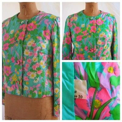 Chaqueta Corta De Colección Años 60 Mod Floral Sedosa Flower Power Palm Beach Jackie O Boho 10 Foto 1 de 4