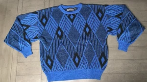 90s SPETRO XL CREW NECK KNIT SWEATER BOXY FIT COSBY GEO DIAMOND BLACK/BLUE - Bild 1 von 22