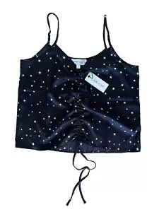 Pink Rose Women's Stars Crop Tank Top Spaghetti Strap Ruched Front Size L Black - Picture 1 of 8