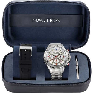 Orologio Uomo + Cinturino NAUTICA NST NAPNSF205 Chrono Acciaio Bianco - Foto 1 di 1