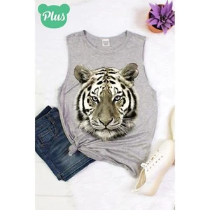 NEW Boutique Gray Muscle Sleeveless Tank Metallic Gold Foil Tiger Face LSU 1XL - Picture 1 of 2