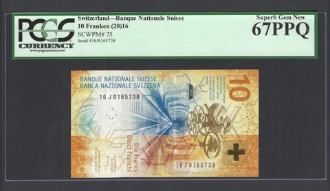 Switzerland 10 Francs 2016 P75 Uncirculated Graded 67 Cover