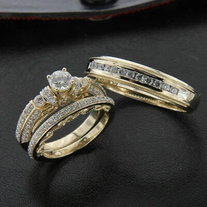 Juego de trío de diamantes simulados corte RD de 2,55 quilates para él y ella miércoles Anillo de novia de oro de 14k - Imagen 1 de 9