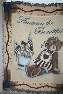 America The Beautiful Throw Blanket Flag Heart Americana Tapestry Teddy Bear - Picture 1 of 12