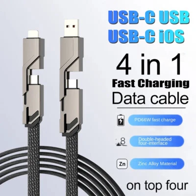 4 In 1 Fast Charging Nylon Cable 66W USB Type C Charger Lead For iPhone Samsung - Image 1 of 4