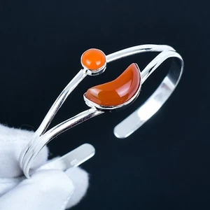 Rosso Corniola Gemma 925 Argento Sterling Gioielli Bracciale Regolabile Regalo - Foto 1 di 4