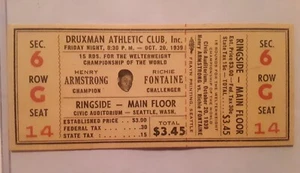 Henry Armstrong Richie Fontaine Boxing Ticket Welterweight Championship Ringside - Picture 1 of 2