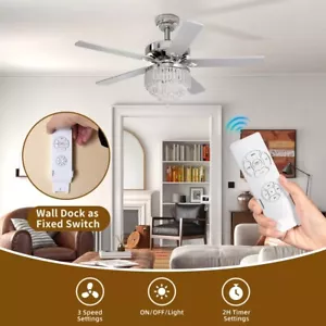 52" Modern Crystal Ceiling Fan Light w/ Remote Control 6-speed Chandelier Lamp - Picture 1 of 7
