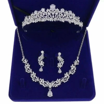 3.2cm Tall CZ Crystal Tiara Necklace Earrings Set Wedding Party Pageant Prom - Bild 1 von 4