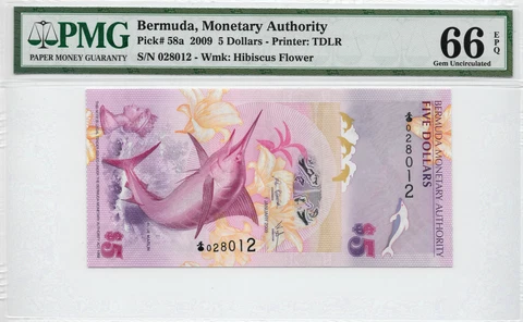 Bermuda 5 Dollars Year 2009 Banknote p58a (Onion Prefix) PMG 66 Gem UNC EPQ Cover