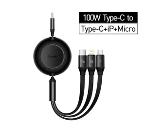 Baseus 3 in 1 USB Retractable Fast Charger Cable 100W for iPhone15 14 13 12 - Picture 1 of 14