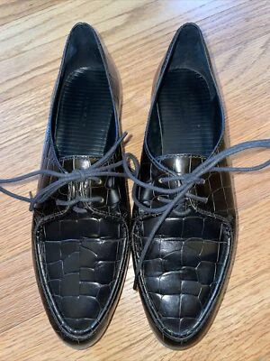 THEORY BLACK LEATHER MOC CROC LACE UP SHOE WITH RUBBER WEDGE PLATFORM SZ 38 - Image 1 of 4