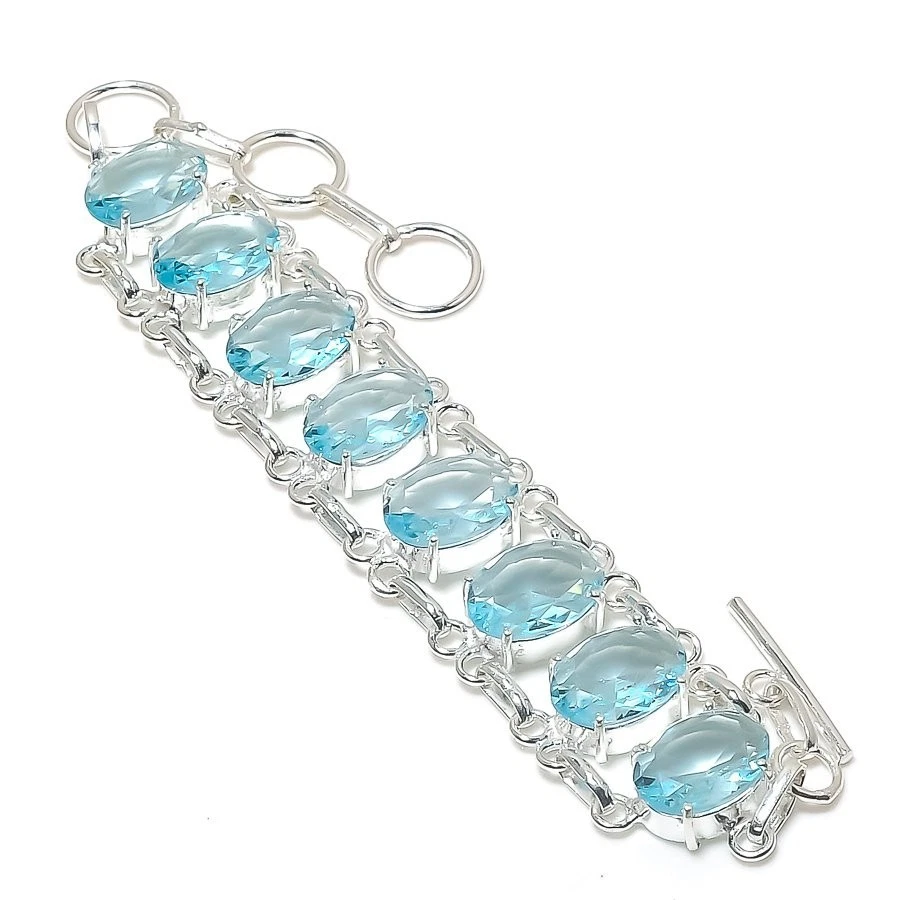 Aquamarine  Gemstone Handmade 925 Sterling Silver Jewelry Bracelet Size 7-8" - Image 1 of 1