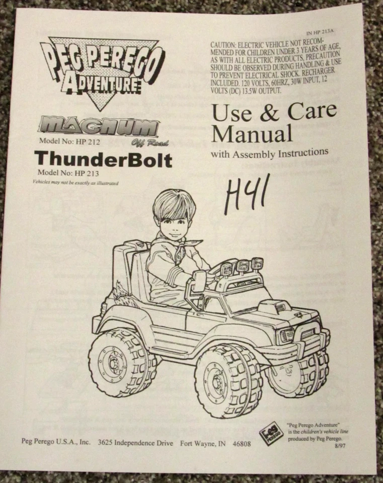 Peg Perego Adventure Magnum Thunderbolt HP212 213 Use & Care Owners Manual 8/97 - Image 1 of 1