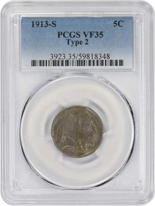 1913-S Buffalo Nickel Type 2 VF35 PCGS - Picture 1 of 2