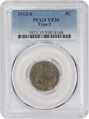 1913-S Buffalo Nickel Type 2 VF35 PCGS - Image 1 of 2