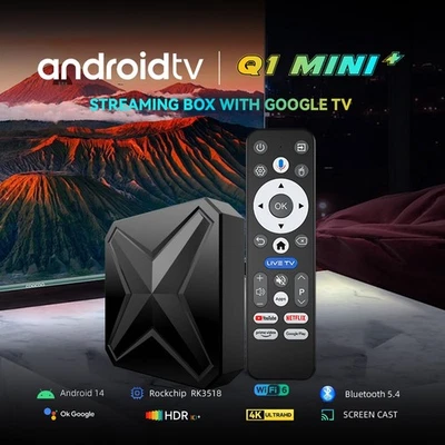 2025 Q1 Mini Plus Android 14 TV Box RK3518 2GB 16GB Google TV 4K Voice Remote - Image 1 of 4