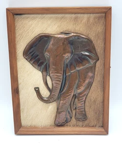 Vintage African Copper Elephant Wall Art Plaque Wood Frame Safari Wildlife Decor - Picture 1 of 9