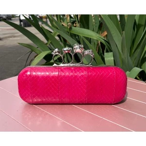 Alexander McQueen Genuine Python Snakeskin 4 Finger Ring Crystal Skull Clutch - Picture 1 of 14