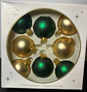 Christmas Satin Green & Gold 8 Glass Ornaments 2.5" Balls Glass - Picture 1 of 2