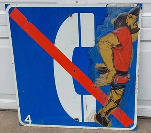 Vintage Urban Art Painting of Workman on Advertising Telephone Sign - Picture 1 of 7