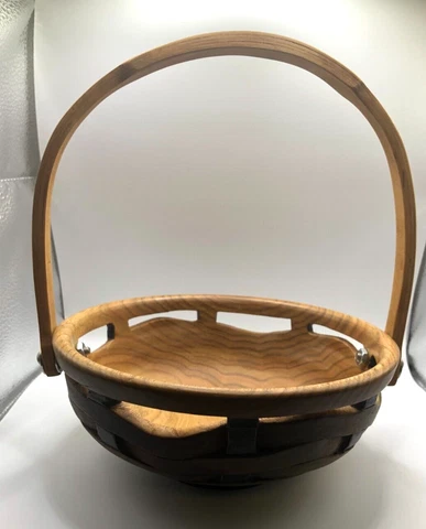 Turned Hand Carved Wooden Oak Basket with Handle - Hand Painted Cover