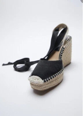 ZARA TIED RAFFIA WEDGES PRETO TAMANHO EUA 9 EUR 40 NOVO - Imagem 1 de 4