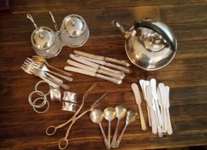 29 Vtg SLP Tea Party Silver, Tea Kettle, Cake Tongs, Napkin Rings, Jam Set - Picture 1 of 6