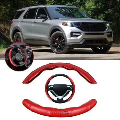 15" Steering Wheel Cover Protector Non-Slip PU Leather Carbon+Red For Ford Car - Image 1 of 4