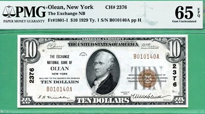 1929 $10 NBN -  The EXCHANGE NB  of OLEAN NEW YORK - PMG GEM 65 EPQ - Fr 1801-1 - Image 1 of 2