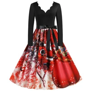 V-neck Dress Dress Christmas Dress Ladies Christmas Dress Swing Skater Dress - Picture 1 of 17
