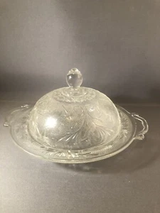 Vintage Anchor Hocking Sandwich Glass Covered Round Butter Dish with Handles - Picture 1 of 8