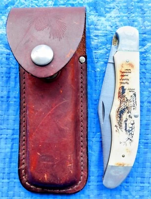 Schrade + Plus Vintage Uncle Henry 127UH Folding Knife USA Sheath Engraved Eagle - Image 1 of 4