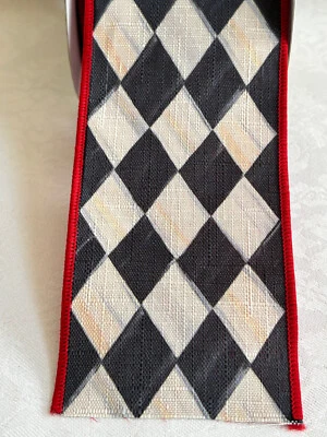 (1 Yard) Mackenzie Childs COURTLY HARLEQUIN (Red) 3" Wide Wire RIBBON New m22-ja - Image 1 of 4