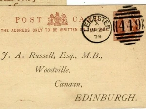 Tarjeta de papelería postal GB Leics QV MEDICAL Leicester Duplex 1879 Edimburgo MZ236 - Imagen 1 de 6