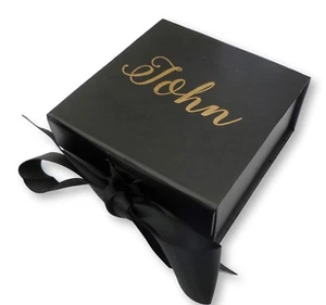 PERSONALISED BLACK GIFT BOX RIBBON GOLD FOIL PRINT WEDDING BEST MAN BIRTHDAY - Picture 1 of 3