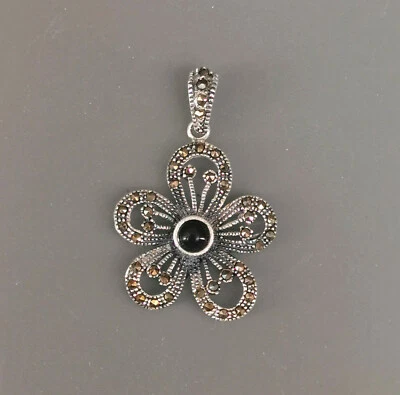 9916094 925er Argento Markasit-Anhänger Nero Onice Fiori 4x3cm - Immagine 1 di 3