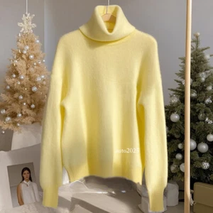 Yellow High Neck Sweater Womens New Winter Thick Loose Pullover Knitted Top - Picture 1 of 23