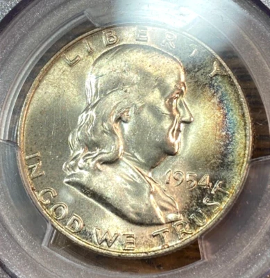 1954-D Franklin Half Dollar PCGS MS64 Rainbow Toning Near FBL CHRC - Image 1 of 4