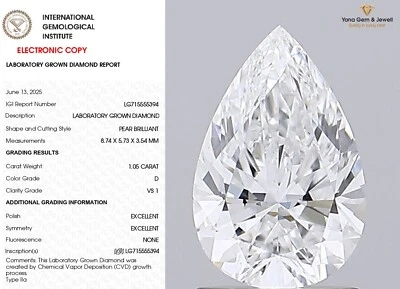 1.05 Ct. D Color VS1 Clarity CVD Lab Grown Diamond Pear Cut with IGI Certificate - Image 1 of 4