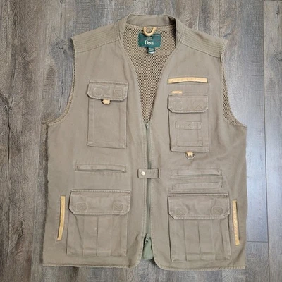 Vintage Orvis Fly Fishing Vest Mens XL Dark Green Canvas Leather Trim Pockets - Image 1 of 4